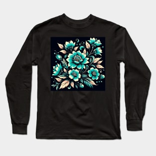 Turquoise Floral Illustration Long Sleeve T-Shirt